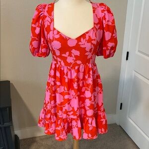 Floral Puff Sleeve Dress - Red and Pink